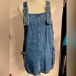 Forever 21 Women’s Denim Overalls Mini Dress, Large,  Adjustable Straps, Blue
